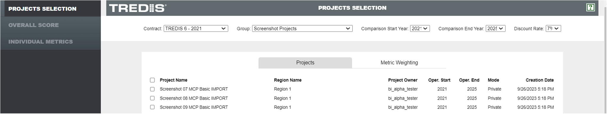 Projects Selection screen